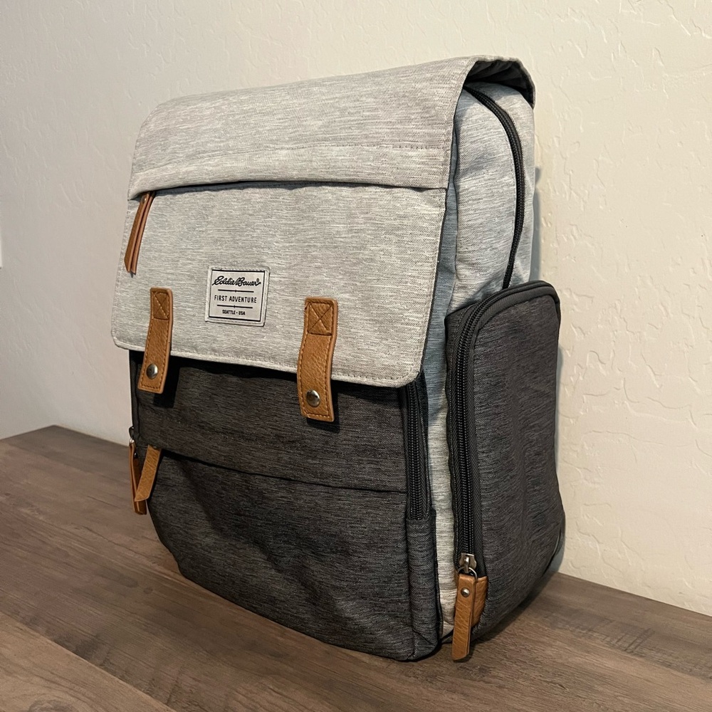 Eddie Bauer Gray & Black Baby Diaper Backpack with Striped Changing Pad